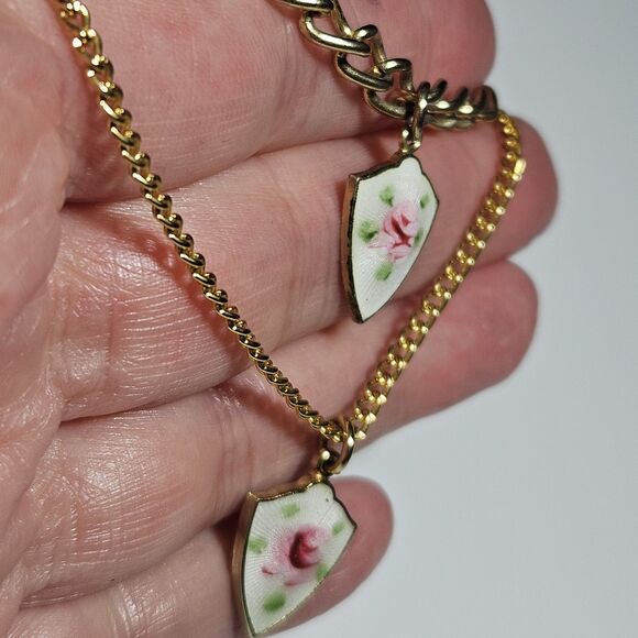 Vintage Emmons Gold Tone Guilloche Enamel Shield Charm Necklace & Bracelet Set - Picture 2 of 15